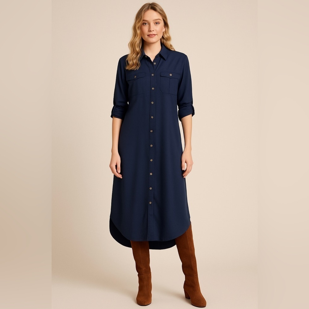 Banana Republic Maxi Shirt Dress Adjustable Sleeves Navy Blue Sz Small